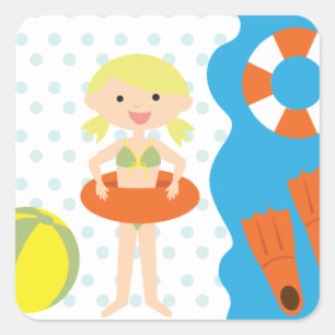 Blond Girl Pool Party Quadratischer Aufkleber
