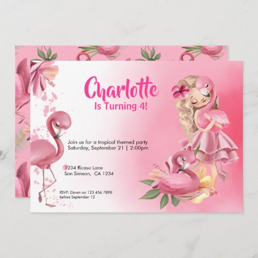 Blond Girl Tropical Pink Flamingo Geburtstag Einladung (Vorne/Hinten)