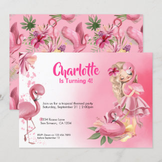 Blond Girl Tropical Pink Flamingo Geburtstag Einladung