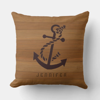 Blond Imitats Wood & Brown Nautical Anchor Kissen