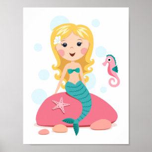 Blond-Meerjungfrau-Cartoon-Seepferd Poster