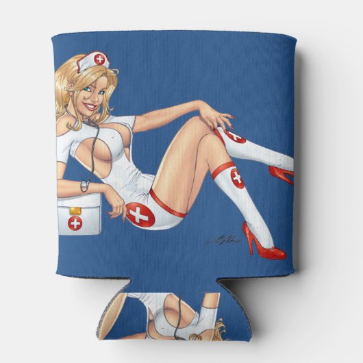 Blond Nurve in Uniform zieht Strumpf hoch Dosenkühler (Rückseite)