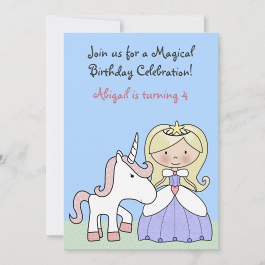 Blond Princess and Unicorn - Einladung zum Geburts (Vorderseite)