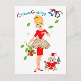 Blond Woman in Red Dress and Santa Dog, Urlaub Postkarte