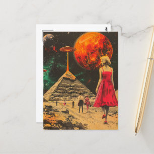 Blond Woman in Red Dress mit UFOs in Pyramid Postkarte