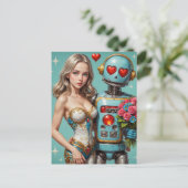 Blond Woman und Robot Foed Liebe Postcard Postkarte (Stehend Vorderseite)