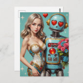 Blond Woman und Robot Foed Liebe Postcard Postkarte (Vorne/Hinten)