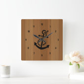 Blond Wood And Brown Nautical Anchor Quadratische Wanduhr (Zuhause)