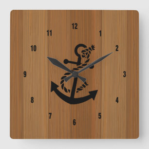 Blond Wood And Brown Nautical Anchor Quadratische Wanduhr