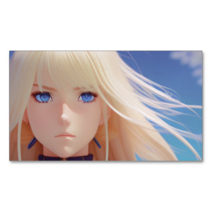 Blonde Anime-Mädchen-Porträt Blaue Augen Wind Weht Magnetische Visitenkarte