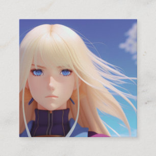 Blonde Anime-Mädchen-Porträt Blaue Augen Wind Weht Quadratische Visitenkarte