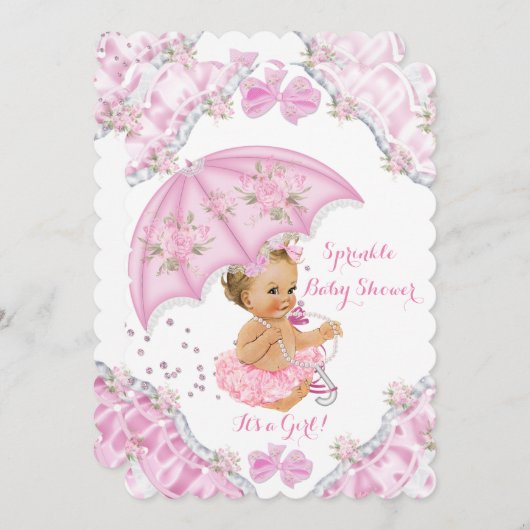 Blonde Baby Dusche Pink Umbrella Girl Blume Einladung (Vorne/Hinten)