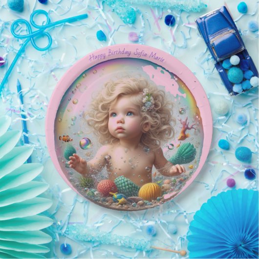 Blonde Baby Mermaid Bubble Pappteller (Party)