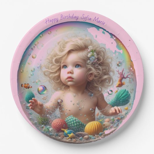 Blonde Baby Mermaid Bubble Pappteller (Vorderseite)
