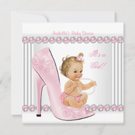 Blonde Baby Shower Girl Pink Pearl High Heel Schuh Einladung
