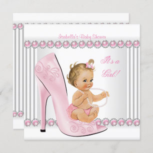 Blonde Baby Shower Girl Pink Pearl High Heel Schuh Einladung