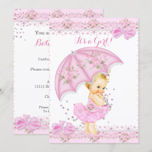 Blonde Babyparty Mädchen Floral Rosa Streusel Einladung