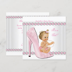 Blonde Babyparty Mädchen Rosa Perlen High Heel Sch Einladung