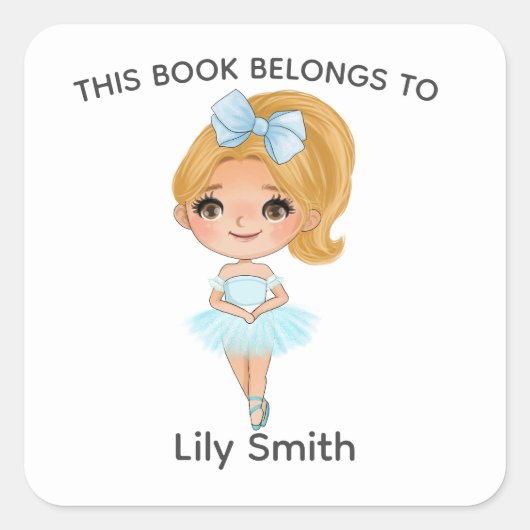 Blonde Ballerina Blue Dress Name Ballet Label Quadratischer Aufkleber (Vorderseite)