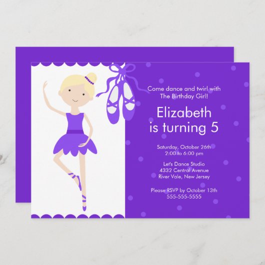 Blonde Ballerina Tanz Geburtstag Einladung Lila (Vorne/Hinten)