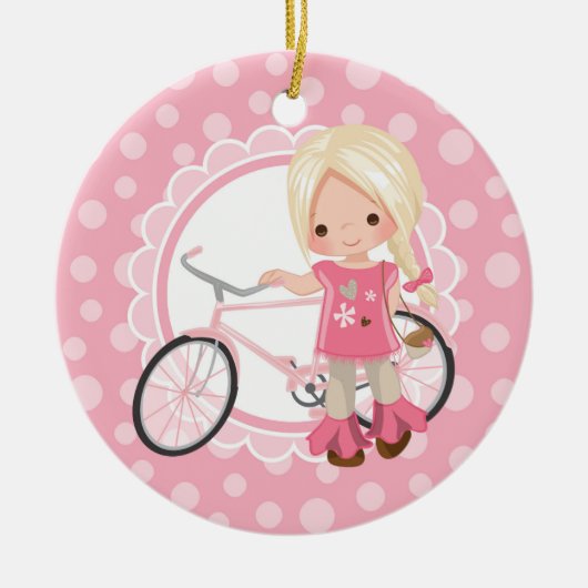 Blonde Bicycle Girl - Pink White Keramik Ornament (Vorne)