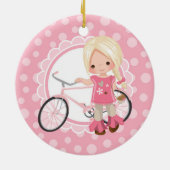 Blonde Bicycle Girl - Pink White Keramik Ornament (Hinten)