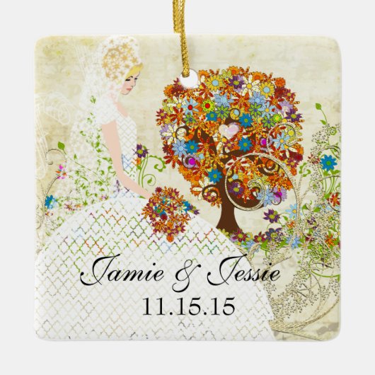 Blonde Birdes 1. Weihnachtsbaumdesign der Blume Keramikornament (Vorderseite)