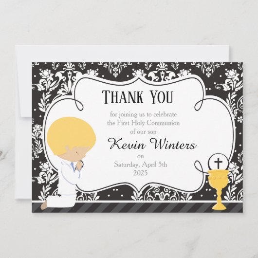 Blonde Boy First Communion Damask Dankeskarte (Vorderseite)