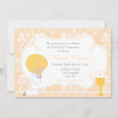 Blonde Boy First Communion Damask Einladung (Vorderseite)