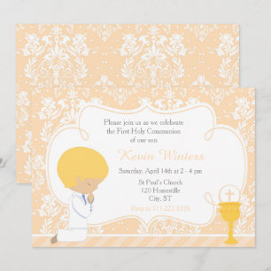 Blonde Boy First Communion Damask Einladung