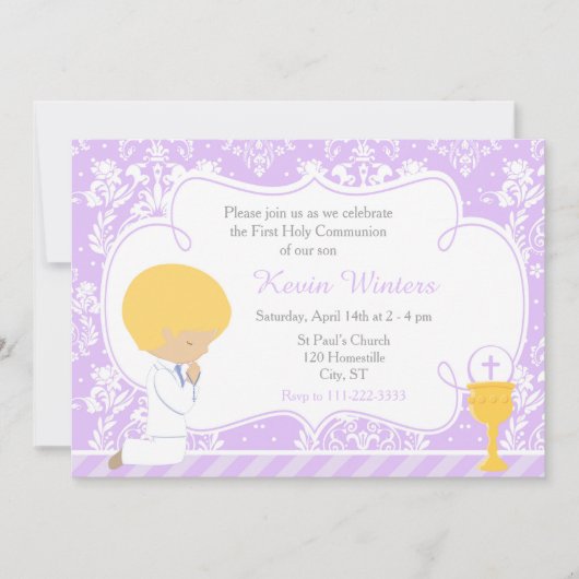Blonde Boy First Communion Damask Einladung (Vorderseite)
