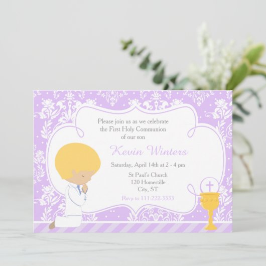 Blonde Boy First Communion Damask Einladung (Stehend Vorderseite)