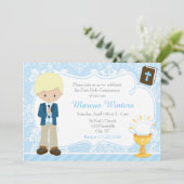 Blonde Boy First Communion Damask Einladung (Stehend Vorderseite)