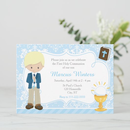 Blonde Boy First Communion Damask Einladung (Stehend Vorderseite)