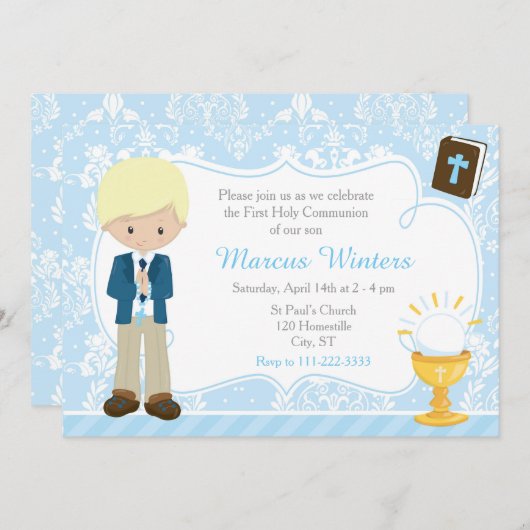 Blonde Boy First Communion Damask Einladung (Vorne/Hinten)