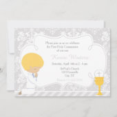 Blonde Boy First Communion Damask Einladung (Vorderseite)