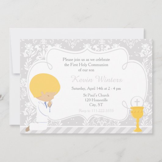 Blonde Boy First Communion Damask Einladung (Vorderseite)
