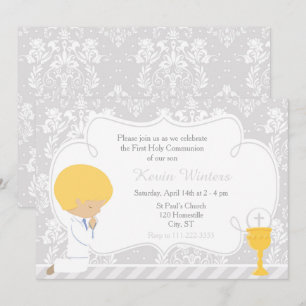 Blonde Boy First Communion Damask Einladung