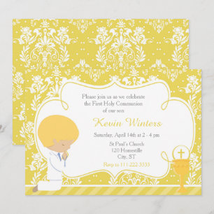 Blonde Boy First Communion Damask Einladung