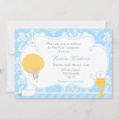 Blonde Boy First Communion Damask Einladung (Vorderseite)