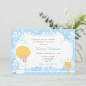 Blonde Boy First Communion Damask Einladung (Stehend Vorderseite)