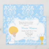 Blonde Boy First Communion Damask Einladung (Vorne/Hinten)