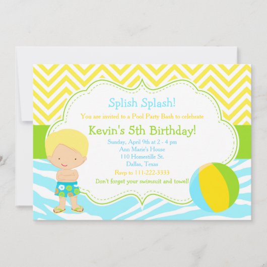Blonde Boy Pool Party Bash Party Einladung (Vorderseite)