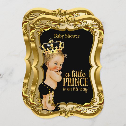 Blonde Boy Prince Baby Dusche Black Gold Einladung (Vorne/Hinten)