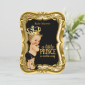 Blonde Boy Prince Baby Dusche Black Gold Einladung (Stehend Vorderseite)