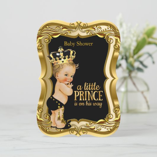Blonde Boy Prince Baby Dusche Black Gold Einladung (Stehend Vorderseite)