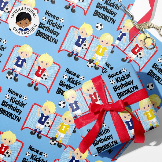 Blonde Boy Soccer Geburtstag Personalisiert Geschenkpapier