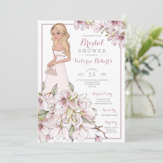 Blonde Braut-BlumenBrautparty Einladung (Stehend Vorderseite)