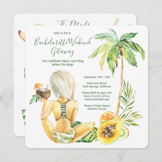 Blonde Bride Bachelorette Beach Weekend Einladung (Vorne/Hinten)
