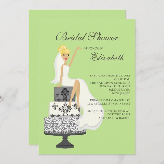 Blonde Bride Bridal Dusche Einladung Grün Grau (Vorne/Hinten)